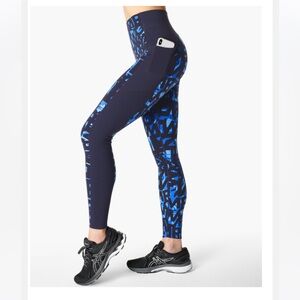 Sweaty Betty High Waisted Power Full Length Leggings in Blue Text Print